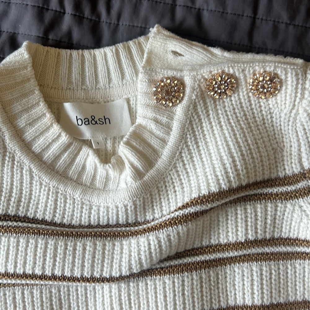 ba&sh Cream Striped Crewneck Sweater with Gold Buttons - Picture 2 of 5